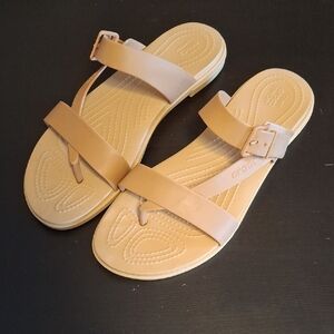 Crocs Tulum Toe Post Sandals Tan Beige Strappy Size W10